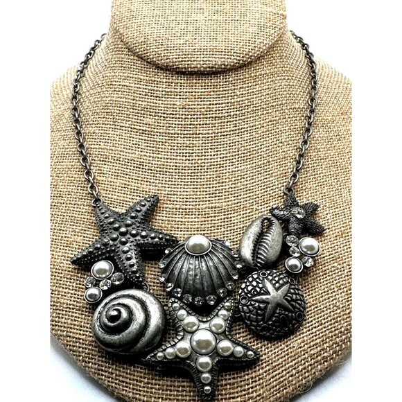 Cookie Lee Boho Shell Statement Necklace Chunky Starfish Pearls Rhinestones - Picture 1 of 6